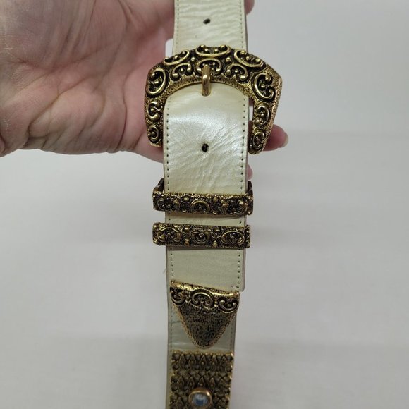You‎ & Me Belt Womens Small Cream Leather Gold Rhinestone Western Made in USA - Picture 2 of 11
